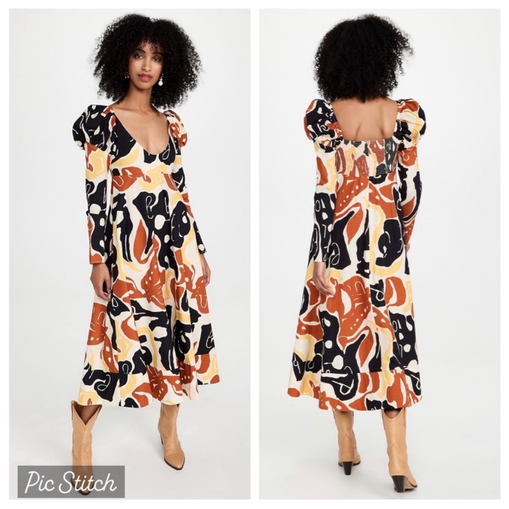 NWOT De Loreta FRIDA midi wrap dress puff sleeves EL PUEBLO print SMALL